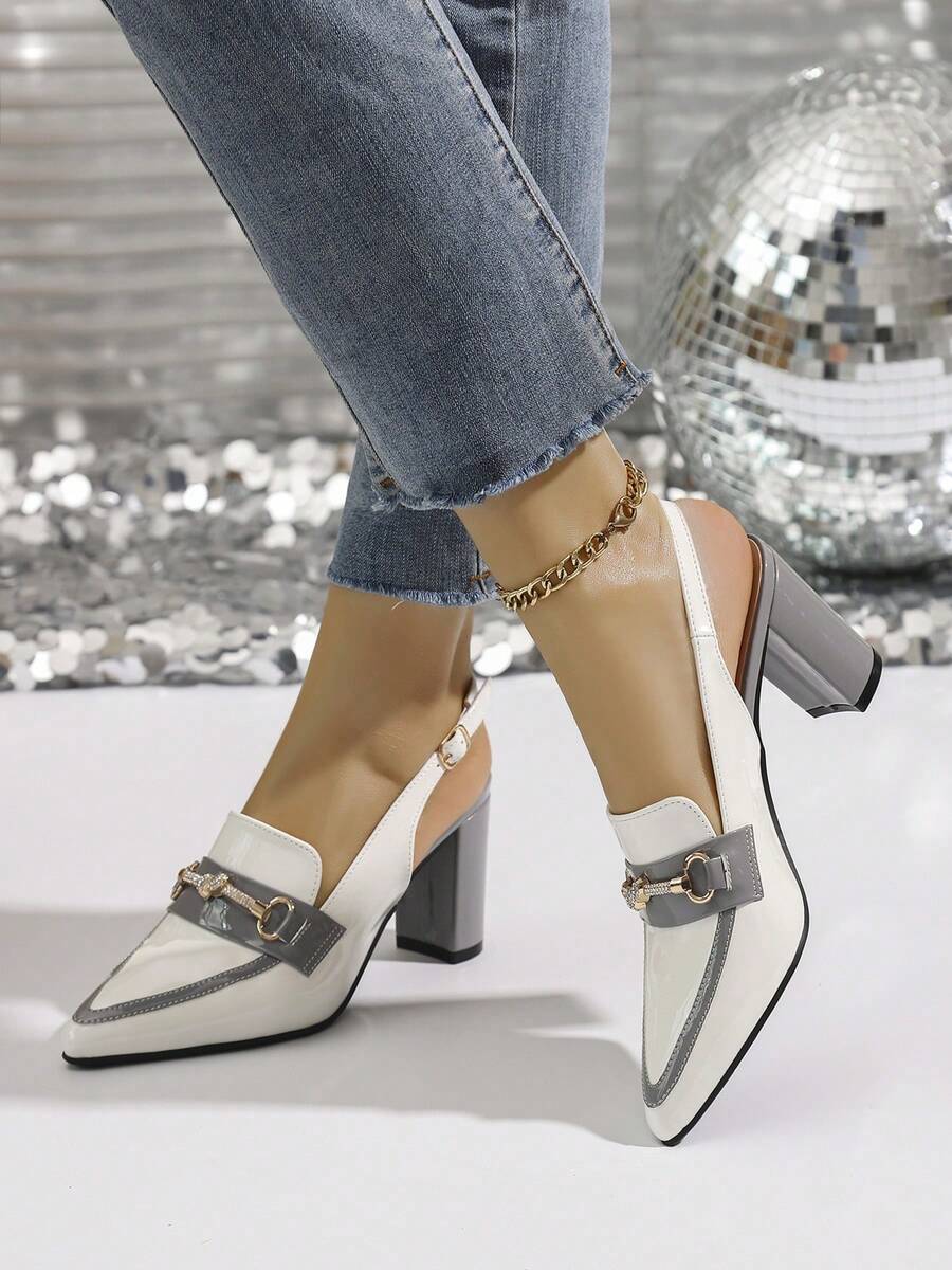 Women's Pointed Toe High Heels, Thick Chunky Heels, Ankle Strap Adjustable Comfort High Heeled Sandals With Buckle, Suitable For Outdoors And Office - Xám - Xem 1