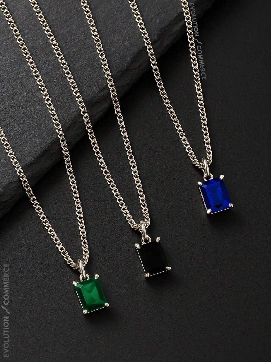 Men's Necklace Chain With Pendant Zirconia Rhinestone Green Blue Black Stone Stainless Steel Does Not Turn Black Chain Cord Can Get Wet Antiallergic Gift - màu xanh lá - Xem 1