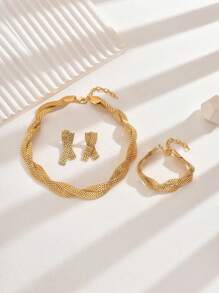 4pcs/Set Minimalist Hollow Out Wide Necklace Earrings Bracelet Net Design Elegant Matching Jewelry Set For Women