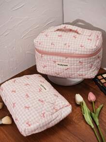 1 Piece Pink Plaid Cosmetic Bag, Bow Pattern, Girly Heart Design, Multifunctional Cosmetic Storage Pouch Portable Cosmetic Brush Clutch Bag With Zipper Closure, Ready For Lipstick