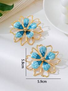 1 par de pendientes de mujer de estilo veraniego elegante con diseño de flor de 5 pétalos de estilo de gota de pintura degradada azul hueco y en capas