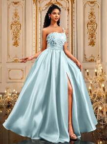 VIPGIRL Eisblau Abendkleid im A-Linie Stil mit asymmetrischem Kragen und 3D Blumen, elegantes geteiltes Tüllkleid für den Abschlussball, Brautjungfernkleid, Abendgarderobe, Abschlussballkleid, Hochzeitsgastkleid, bodenlang, Partykleid, Frühjahr Sommer Kleid