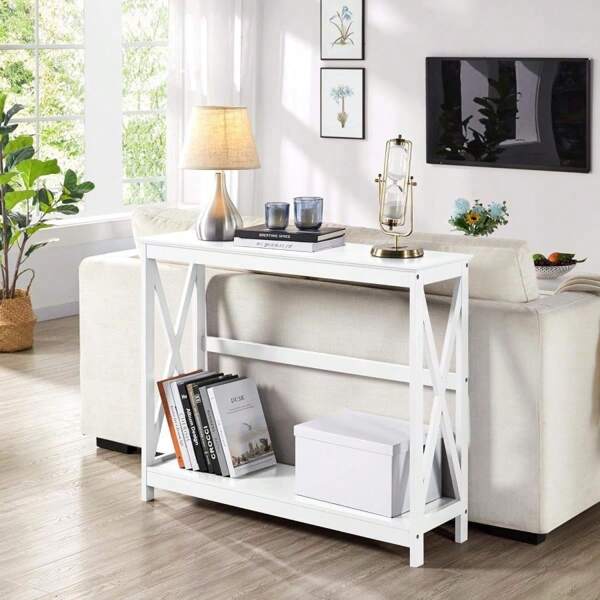 Wood Entryway Table, Console Table For Entryway, 2-Tier Sofa Table Accent Table W/Storage Shelf For Living Room, Hall, Foyer, White