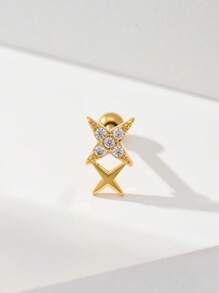 1 pieza Pendiente con barra recta de aleación de acero inoxidable y cobre con incrustación de circonita en forma de doble pentágono, minimalista, diámetro de barra 1,2 mm, longitud 6 mm