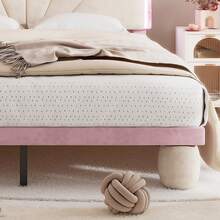 Upholstered Bed 140x200 Cm, Children's And Youth Bed, Velvet Cover, Wavy Headboard, Upholstered Round Legs, Wooden Slatted Frame, Beige + Pink, Mattress Not Included - 查看 6