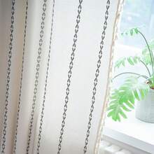 Boho Curtains 84 Inches Long Bedroom, Taupe Cotton Linen White Stripes Embroidery, Chic Hollow Geometric, Semi Blackout Window Vintage Drape With Tassels, 1 Panel W52 X L84, Fashionable Home Decor - 灰色條紋 - 查看 9