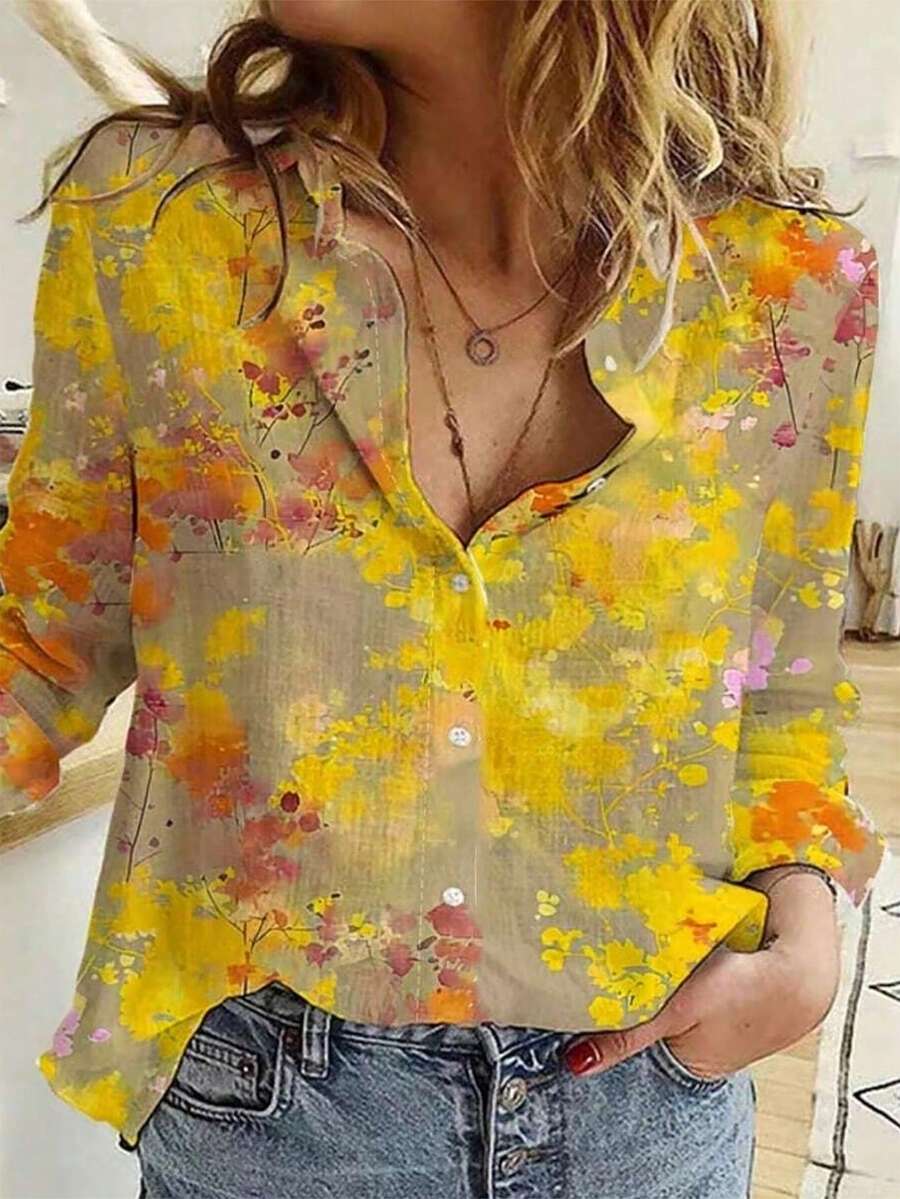 Women's Fashion New Single-Breasted Long Sleeve Printed Shirt