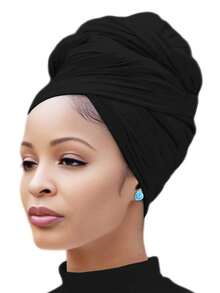 Lenço de cabeça feminino preto em malha elástica, leve e respirável, de cor sólida, longo, ideal para primavera/verão. - cor sólida - Ver 8