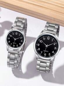 2 Peças Relógio de Casal Casual de Negócios na Moda, Mostrador Digital Redondo Versátil com Pulseira de Aço, Conjunto de Presente de Dia dos Namorados, Adequado para Feriados, Festas, Casamentos, Volta às Aulas, Natal, Ação de Graças, Halloween, Páscoa, etc.