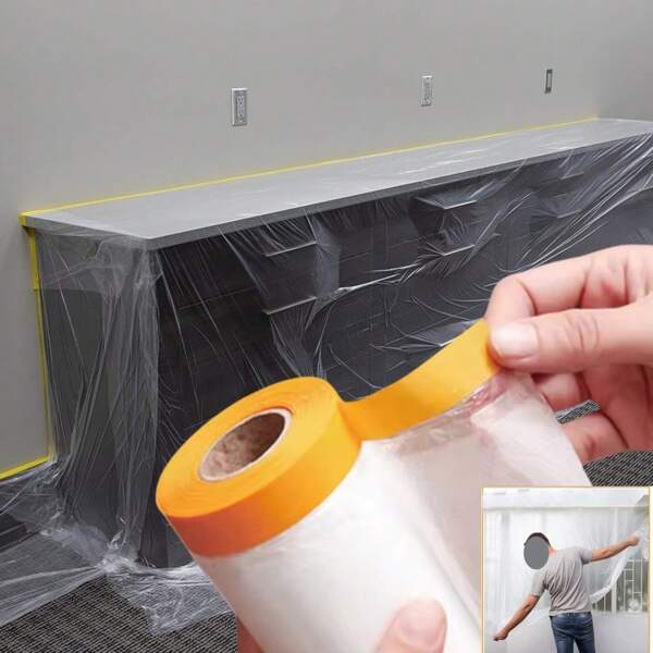 1 Rolls 4x20m Tape And Drape, Pre-Taped Masking Film, Adhesive Plastic Painting Drop Film, Multi Use Paint Masking Paper For Furniture,Wall, Car,House Decoration Furniture Floor Dustproof Cover ﻿