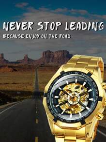 FORSINING 1pc Classic Skeleton Automatic Mechanical Watch For Men Luminous Hands Gold Stainless Steel Strap Business Casual Men Watches Top Brand Luxury Wristwatches Gifts