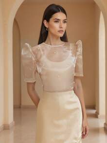 Amyenjoylife Modern Filipiniana Top,Butterfly Sleeves Filipiniana,Summer Temperament Elegant Bubble Sleeve Short Sleeved Pullover Top,Bolero Filipiniana For Women,Filipiniana Inspired Top,Champagne Top - Champagne - View 5