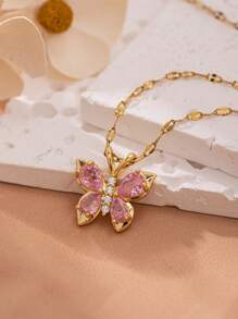 1 pièce Collier de femme rose élégant et doux en forme de papillon avec cubic zirconia cubique, convient pour les fêtes, la décoration quotidienne, cadeau de bijoux parfait pour la famille et les amis