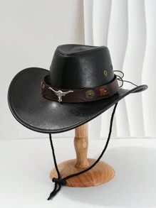 1pc Men's Multi-Color Bull Head Studded Leather Jazz Hat, Outdoor Sun Hat, Large Brim Western Cowboy Hat, Spring/Summer/Autumn