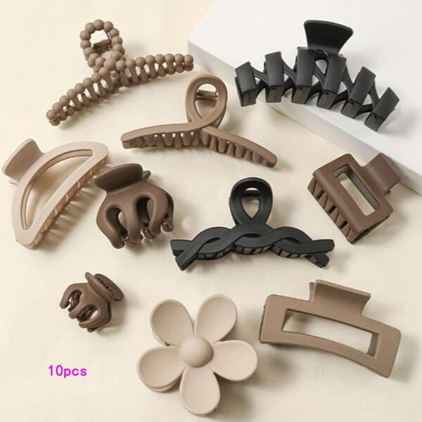 10pcs Matte Acrylic Claw Clips Set, Khaki Flower Claw Clips Elegant Hair Accessories, New Assorted Sizes Claw Clips Set With High-Elasticity Hair Bands And Hair Claw, Suitable For Street, Work, Daily Life, Bathroom And Various Occasions
