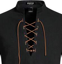 Men's Pure Cotton Retro Lace Up Shirts For Renaissance Pirate Viking Medieval - Black-d - View 4