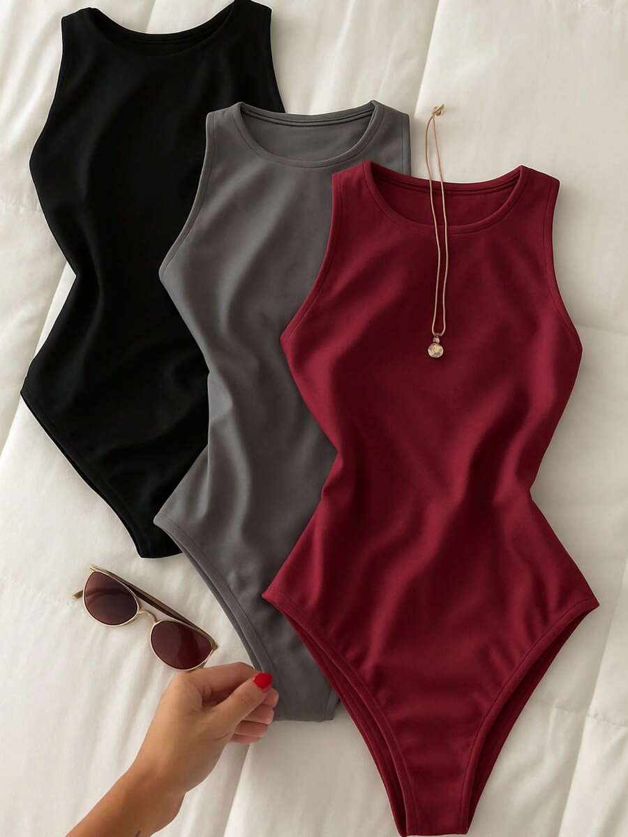 Bori Women's Bodysuit Kit Bory Tank Top Versatile Leotard Casual Closed Back Second Skin Basic Stylish Various Colors - 配葡萄酒 - 查看 1