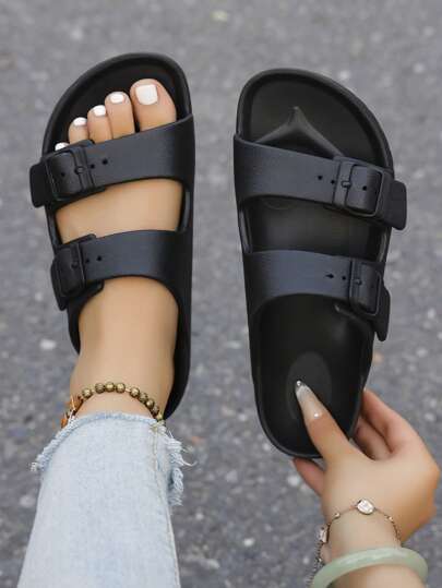 女士舒适一脚蹬拖鞋，纯色，基本款，时尚休闲，带扣平底凉鞋，适合海滩度假春夏秋季