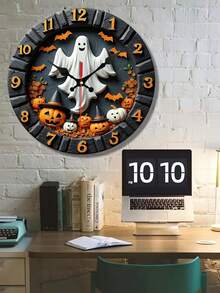 2D Flat Round Wall Clock, 10Inch/12Inch Wooden Clock, Wood Grain Clock, Silent Wall Clock Halloween Theme Pumpkin Bat Decoration Wall Clock (AA Battery Not Included) Home Decor Halloween Decor Fall Decor Room Decor Back To School School Supplies - Multicolor - View 3