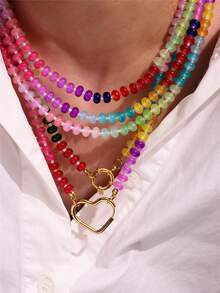 甜蜜浪漫多巴胺彩色串珠项链，波西米亚风格不锈钢心形和 OT 扣饰，夏季珠宝（串珠颜色和位置随机） - 彩色 - 查看 3