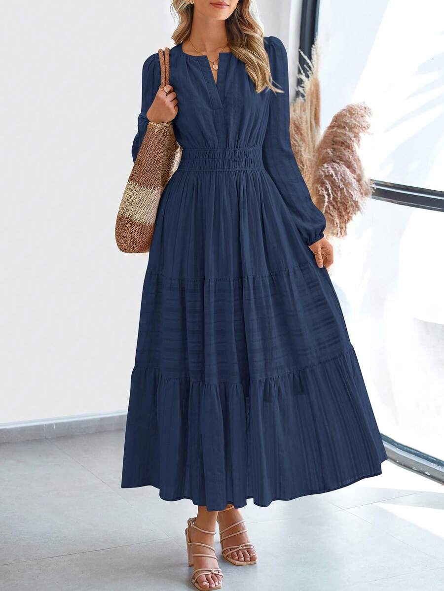 Women Fall Maxi Dresses Long Sleeve High Waist Tiered Flowy A-Line Boho Bohemian Long Dress Beach Holiday Vacation Wedding Guest Valentine Outfit - 藏蓝色 - 查看 1