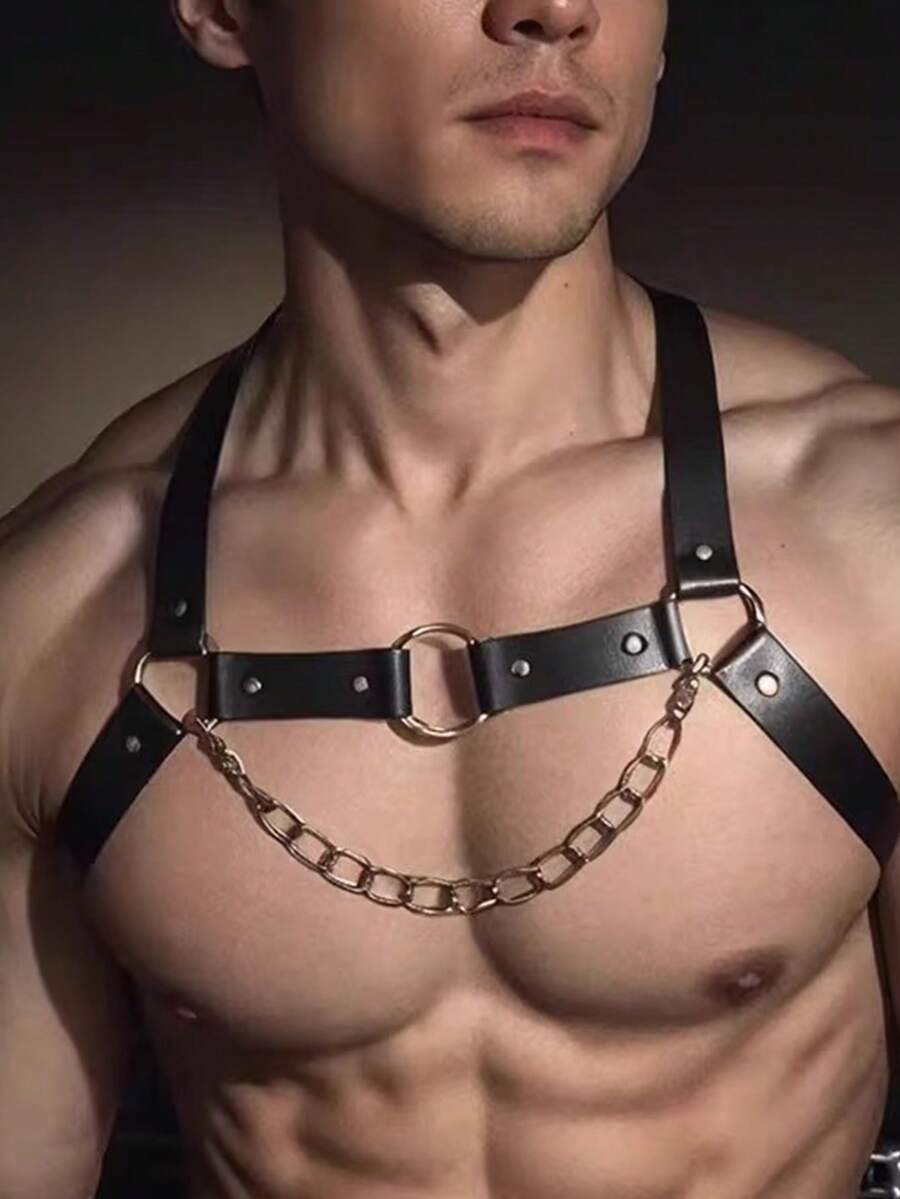Men's Chest Chain Suspenders - Punk Stud Detail, Adjustable Square Buckle Shoulder Strap, Very Suitable For Nightclubs, Parties And Electronic Music Festivals - Black, |Punk Style| Adjustable Strap
