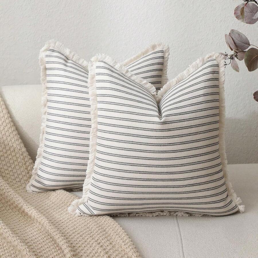 1pc Striped Woven Decorative Throw Pillow Cover With Tassels, Unique Decor Cushion Case For Sofa, Bed, Living Room, Farmhouse - Grey - View 1