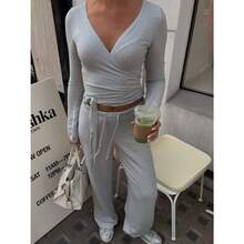 Wom Ballet Wrap Tops Sets Athletic Pilates Tie Front Long Sleeve Shirt Sets Y2k Yoga Cross V Neck Fairy Blouse Sets - A#grey - View 6