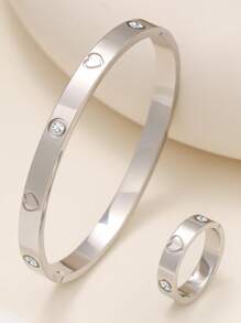 1 Set Gold Heart Design Bangle Bracelet And Thick Ring Jewelry Set, Minimalist Thick Ring Set For Women
