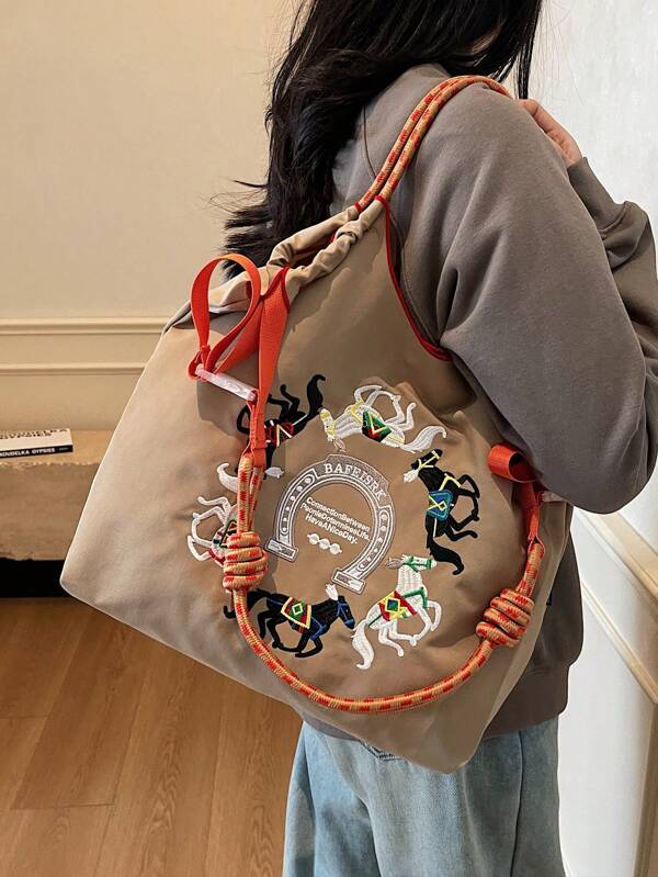 Bolsa de Tote de Lona Bordada da Série Design de Nicho, Bolsa de Ombro Casual Fashion para Compras, Grande Capacidade para Uso Diário, Trabalho, Escola, Viagem, Versátil