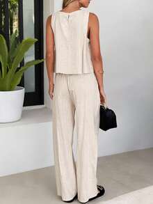 Conjunto de 2 piezas de talla grande para mujer de verano, estilo lino: Top sin mangas y pantalones de cintura elástica con bolsillo, traje casual para vacaciones y uso diario - Avena - Ver 4