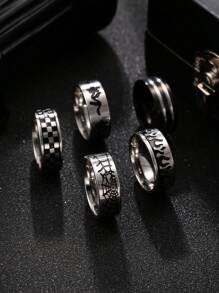 5 pièces Set d'anneaux pour hommes en acier inoxydable argent de style punk, motifs échiquier, rose, flamme, toile d'araignée, convient pour le port quotidien ou en cadeau