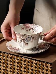 1pc Classic Floral Ceramic Coffee Cup And Saucer Set, Retro Gold Rim, High-End Latte/Tea Cup For Home - Multicolor - View 6