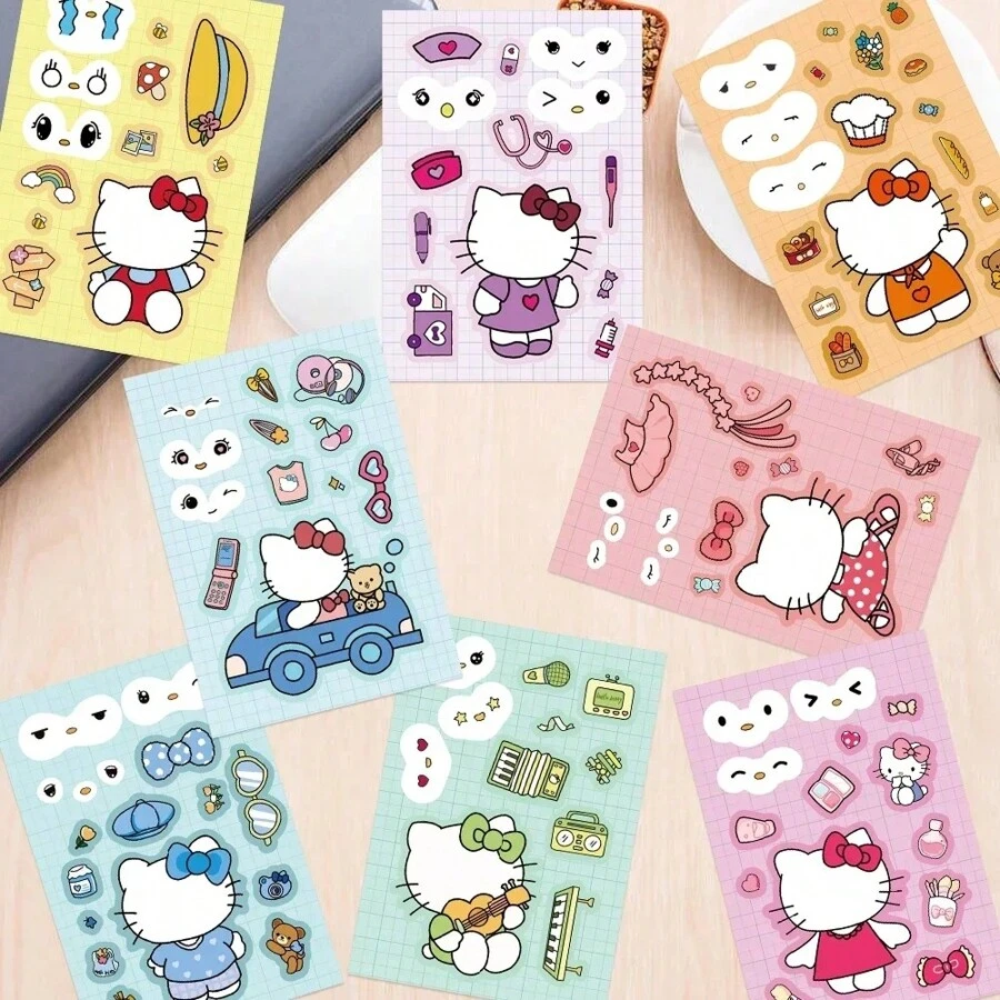 Sanrio 8 fogli di adesivi puzzle dei cartoni animati Sanrio, Hello Kitty kawaii, giochi di assemblaggio volto, puzzle, regalo per bambini