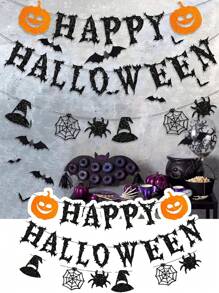 Halloween Banner, Happy Halloween Banners With Halloween 3D Bats Stickers, Horror Pumpkin Witch Hat Spider Halloween Decorations Hanging Bunting For Halloween Party Supply Indoor Outdoor Home Yard