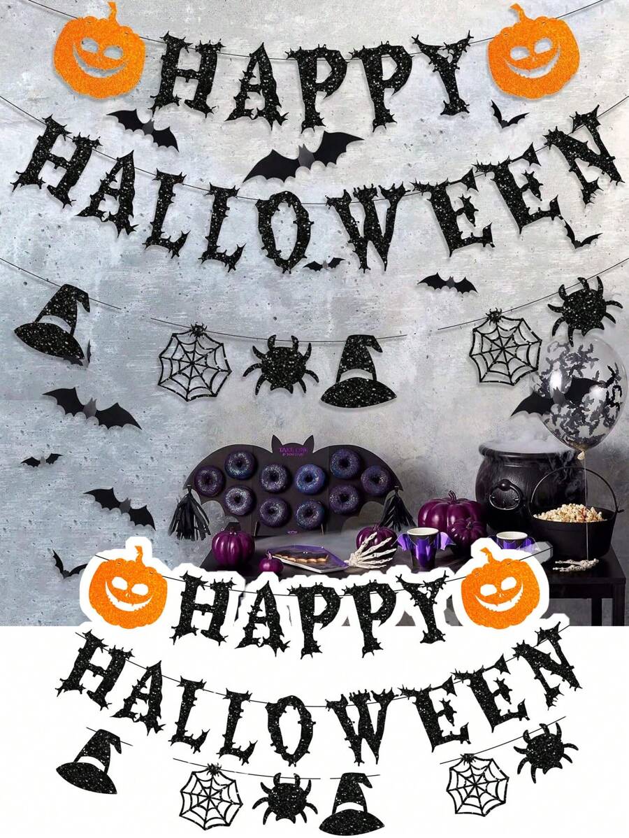 Halloween Banner, Happy Halloween Banners With Halloween 3D Bats Stickers, Horror Pumpkin Witch Hat Spider Halloween Decorations Hanging Bunting For Halloween Party Supply Indoor Outdoor Home Yard