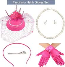 Ibeauti Fascinator Hats With Screentouch Lace Gloves Set Women Tea Party Cocktail Wedding Derby Headwear Short Gloves - 01 亮粉色 - 查看 3