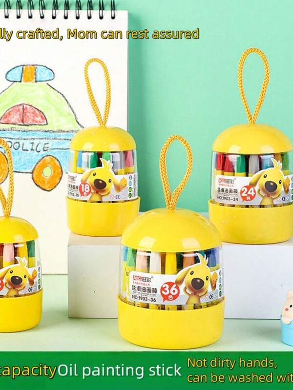 12pcs/18pcs/24pcs/36pcs Washable Wax Crayons, Oil Pastels, Drawing Brushes, Student Coloring Sticks, Safe & , Vibrant Colors, Bucket Design With Hanging Rope, Convenient For Use, Suitable For Art, Crafts, Coloring And Sketching,School Supplies,Back To School