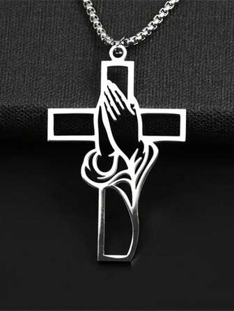 1pc Stainless Steel Christian Cross Pendant Necklace, Religious Prayer Jesus Jewelry For Men