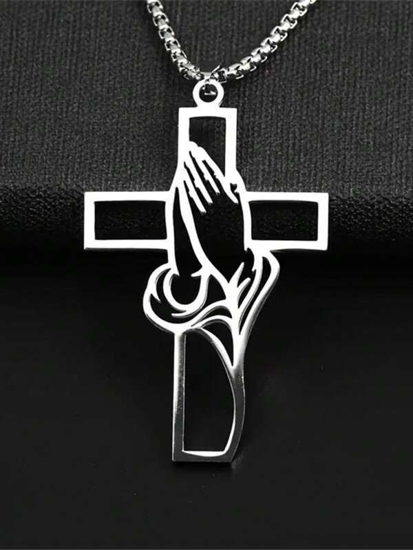 1pc Stainless Steel Christian Cross Pendant Necklace, Religious Prayer Jesus Jewelry For Men