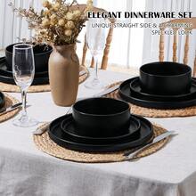 Stoneware Dinnerware Sets, 12-Piece Plates And Bowls Dish Set For 4, Kitchen Modern Dinning Ware, Chip And Scratch Resistant, Microwave & Dishwasher Safe, Matte Black - Black - View 5