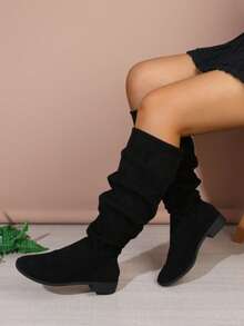 New Women Plus Size Suede Solid Color Fashion Knee-High Boots, Stylish Square Toe Flat Western Boots, Fashionable Single-Lined Pleated Boots For All Seasons, Versatile Slip-On Wrinkled Comfortable Boots, Soft Sole Solid Color Plus Size Slimming Classic Slouch Boots