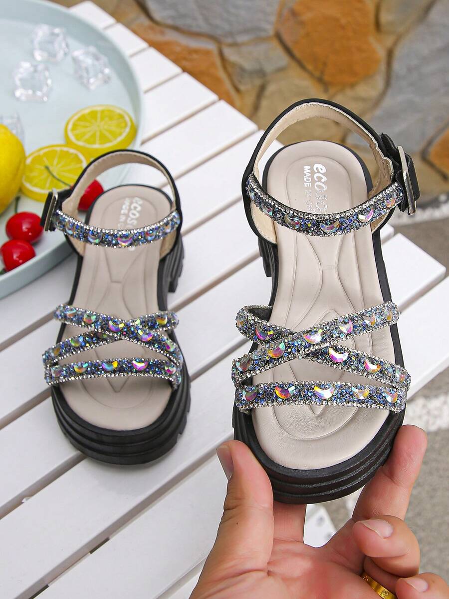 Girls' Fashionable Glitter Bow Design Thick Sole High Heel Open Toe Sandals, Butterfly Pattern Randomly Distributed - Black - View 1