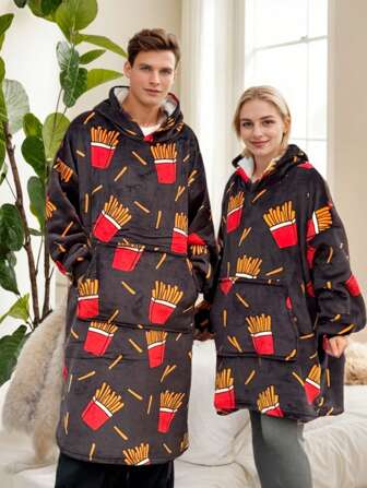 1pc French Fry Printed Hoodie Blanket, Flannel, 48inch Extra Large Loose Casual Hooded Wearable Couple Throw Blanket, Suitable For Men And Women, Sleepwear