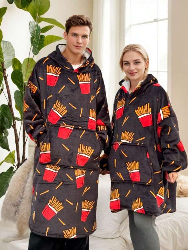 1 szt. Koc z kapturem z nadrukiem frytek, flanelowy, 48 cali, bardzo duży, luźny, swobodny, z kapturem, do noszenia dla par, odpowiedni dla mężczyzn i kobiet, bielizna nocna
