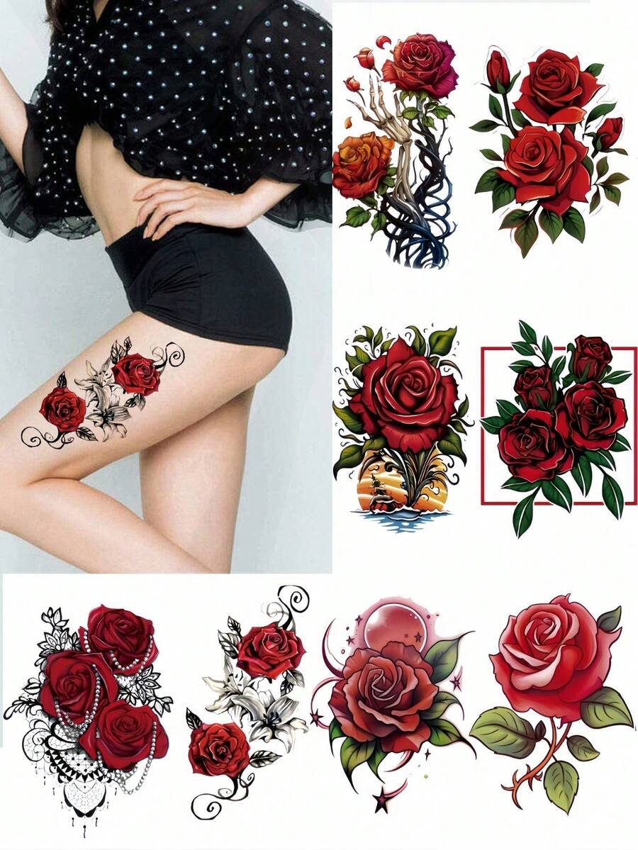 8张花朵临时纹身贴纸，红色玫瑰防水假纹身贴纸，适合女性，适用于各种节日和派对 - 彩色 - 查看 1