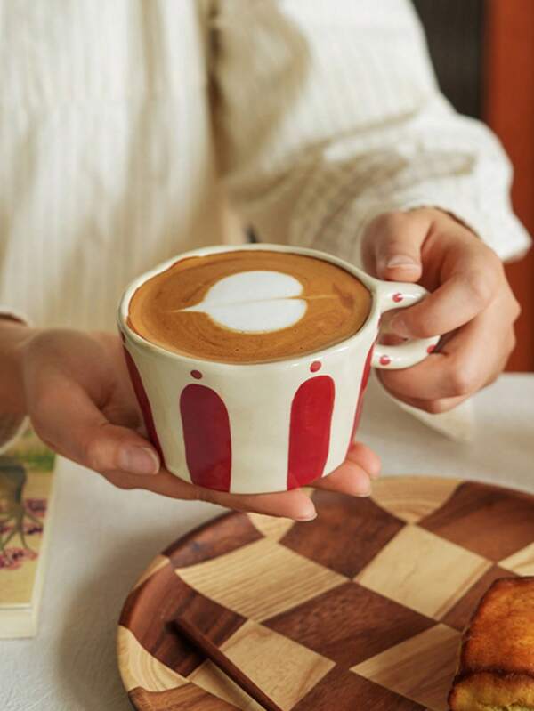 1pc Retro Handpainted Striped Ceramic Mug, Suitable For Breakfast, Milk, Cereal, Latte, Coffee