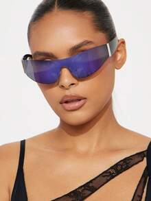 1 副 Y2K 风格无框金属装饰时尚眼镜，黑色环绕式墨镜 - 藍色 - 查看 1