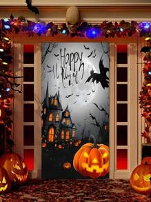 Semn de bun venit 2D pentru ușă de Halloween - Scenă cu castel de dovleac și lună și lilieci - Poliester durabil 70,8x35,4 inci Decor interior/exterior pentru Halloween, grădină, terasă - Nu necesită electricitate, Decorațiune de Halloween, Sărbătoare, Imprimare de înaltă calitate, Decor fără electricitate, Planificator de petreceri