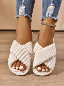 Women's Criss-Cross Open-Toe Slippers And Women's Fashionable Criss-Cross Plush Fluffy White Slippers Are Lightweight And Non-Slip, Suitable As Comfortable House Shoes For Indoor Home And Bedroom Floors, And Applicable In All Seasons. - White - View 3
